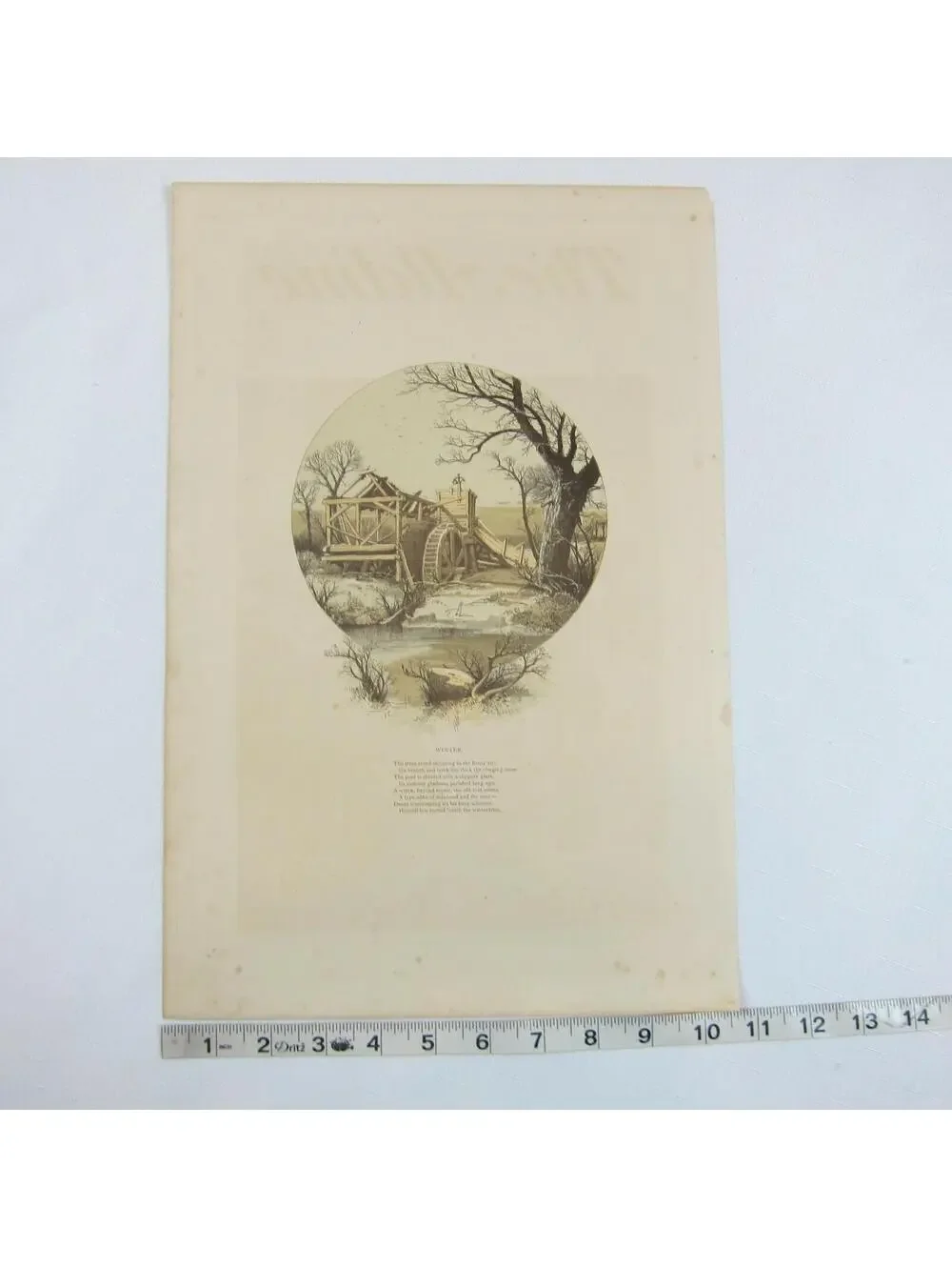 Antique 1870s Engraving Print from The Aldine Old Mill in Winter Scene & Poem